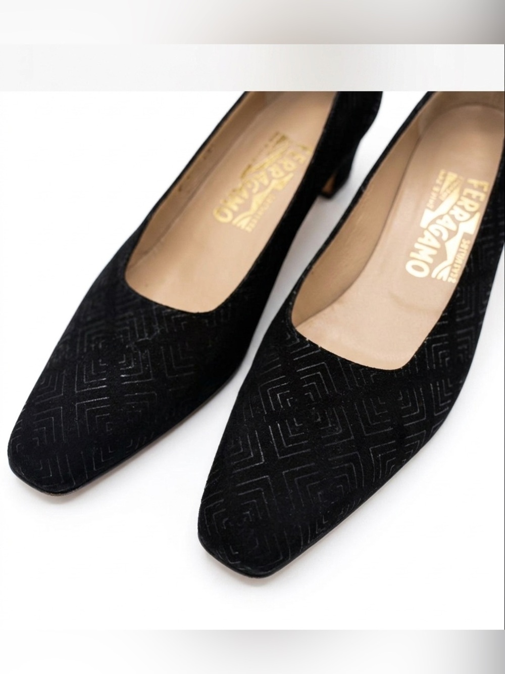 Salvatore Ferragamo Black Velvet Geometric Pump